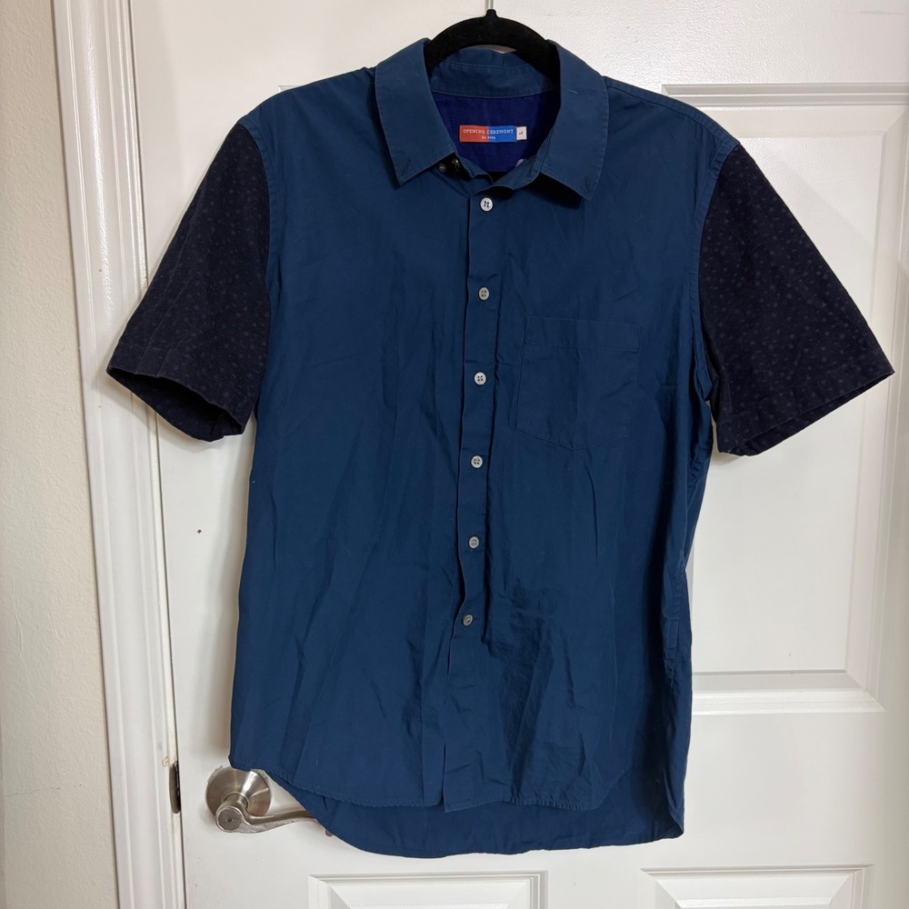 Opening Ceremony Mens Blue Cotton Button Down Shirt Corduroy Sleeves Large L